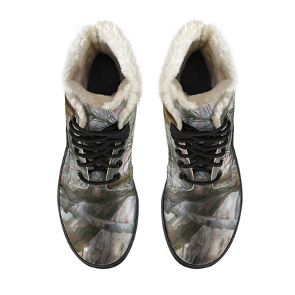 Camo Realistic Tree Forest Pattern Faux Fur Leather Boots-JTAMIGO.COM
