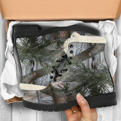 Camo Realistic Tree Forest Pattern Faux Fur Leather Boots-JTAMIGO.COM