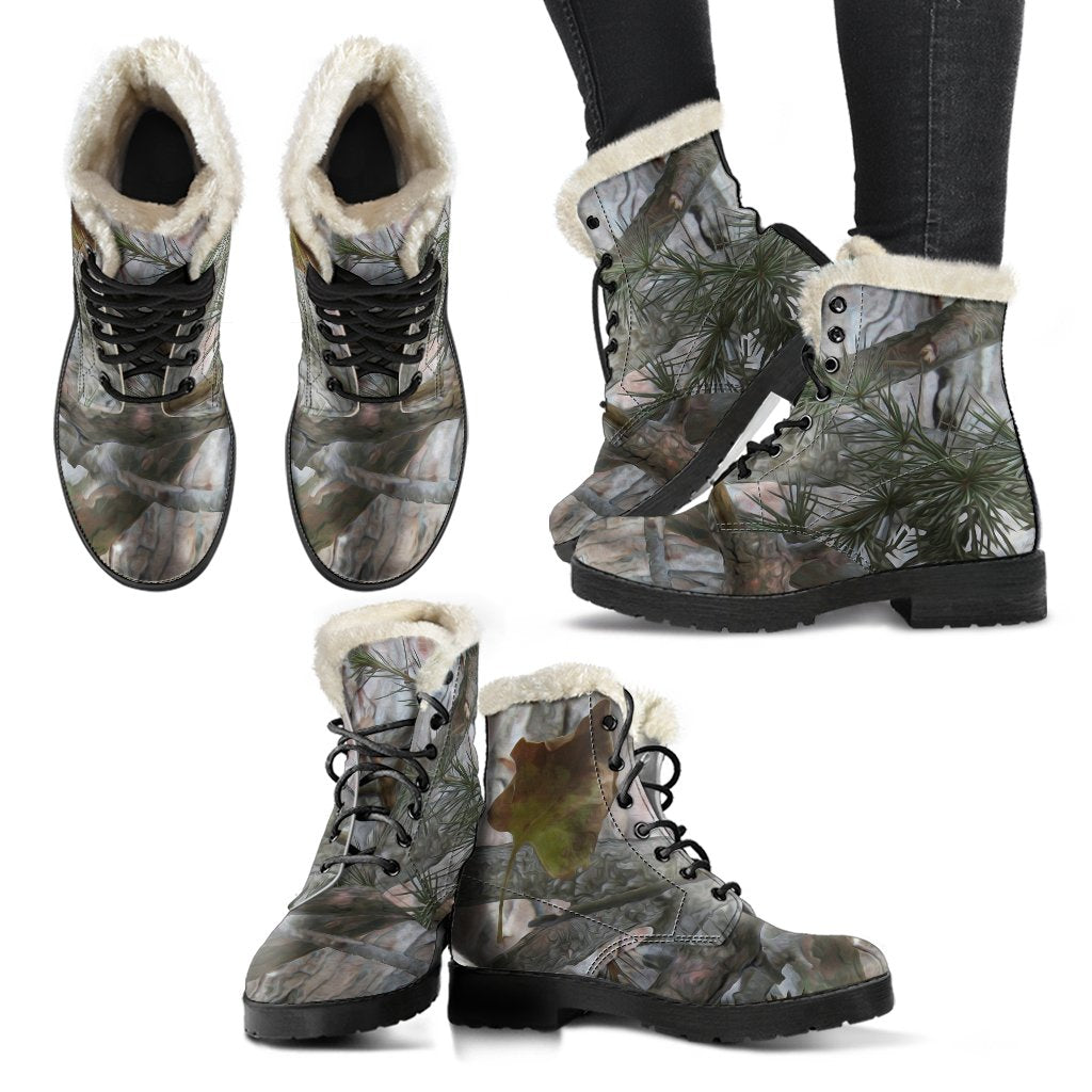 Camo Realistic Tree Forest Pattern Faux Fur Leather Boots-JTAMIGO.COM