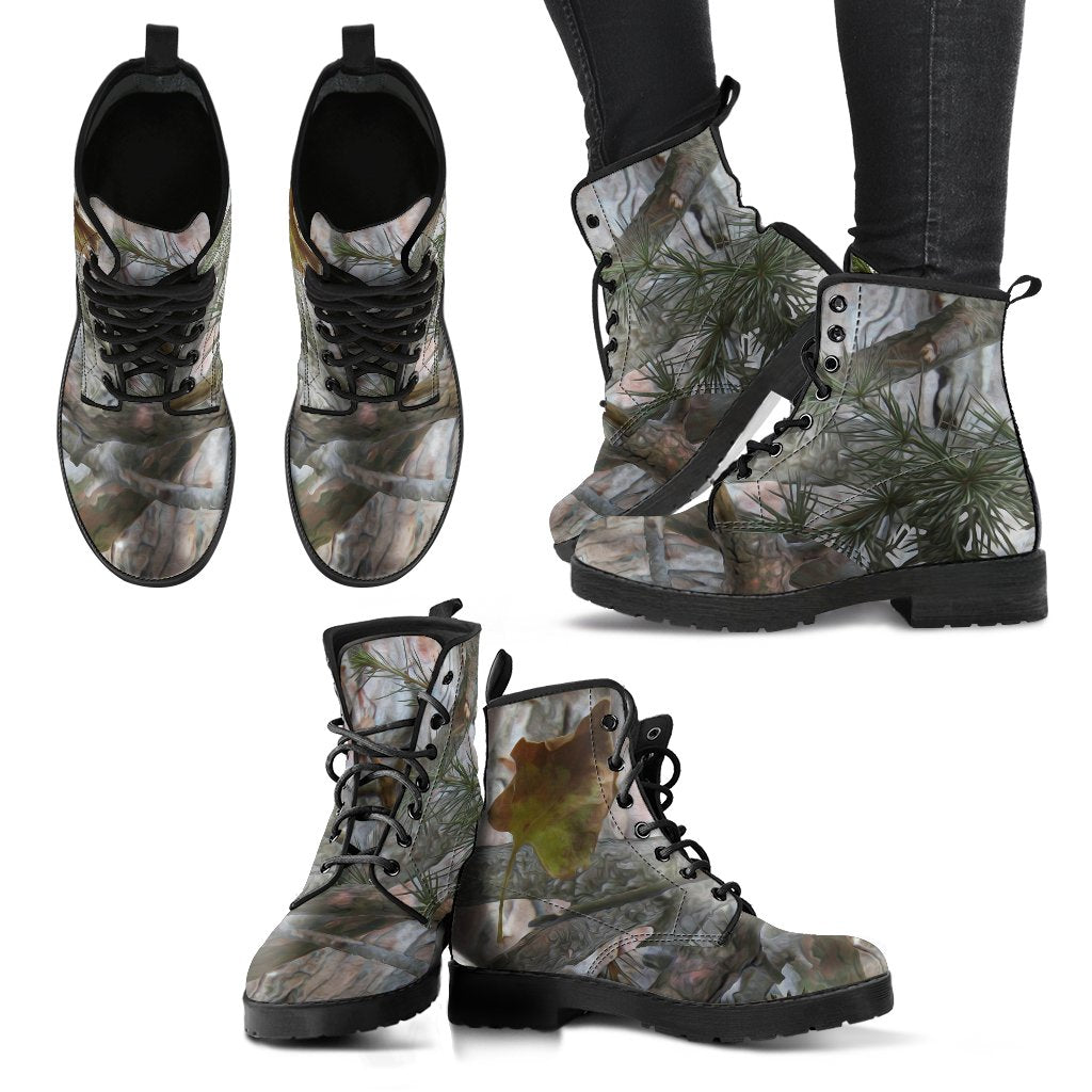 Camo Realistic Tree Forest Pattern Women Leather Boots-JTAMIGO.COM