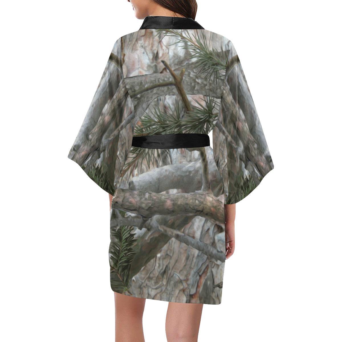 Camo Realistic Tree Forest Pattern Women Short Kimono Robe