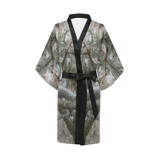 Camo Realistic Tree Forest Pattern Women Short Kimono Robe