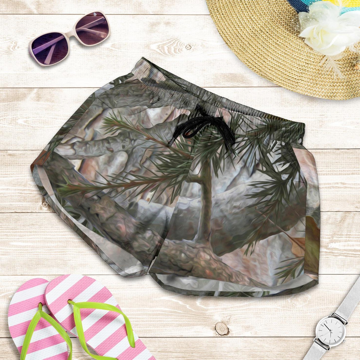 Camo Realistic Tree Forest Pattern Women Shorts-JTAMIGO.COM