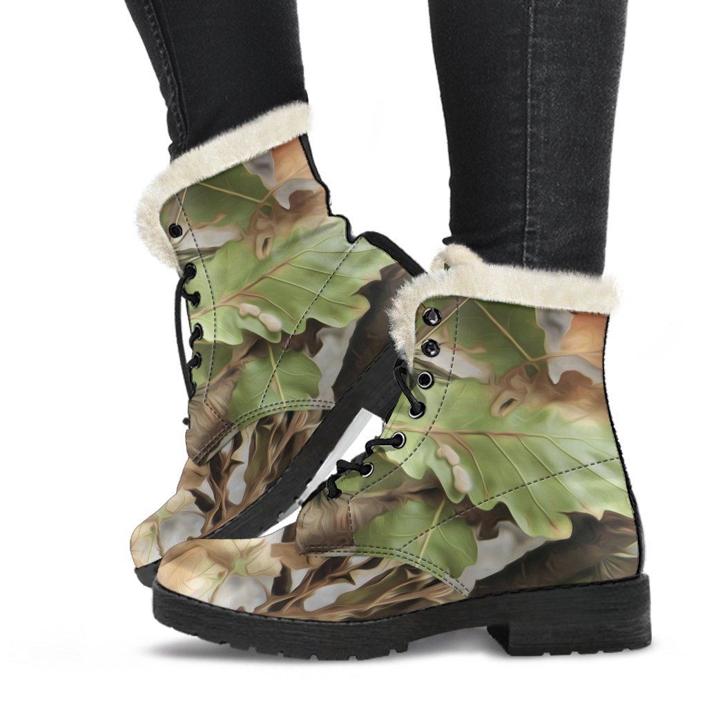 Camo Realistic Tree Forest Print Faux Fur Leather Boots-JTAMIGO.COM