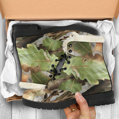 Camo Realistic Tree Forest Print Faux Fur Leather Boots-JTAMIGO.COM