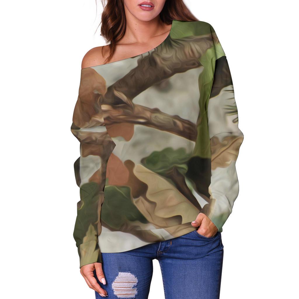 Camo Realistic Tree Forest Print Off Shoulder Sweatshirt
