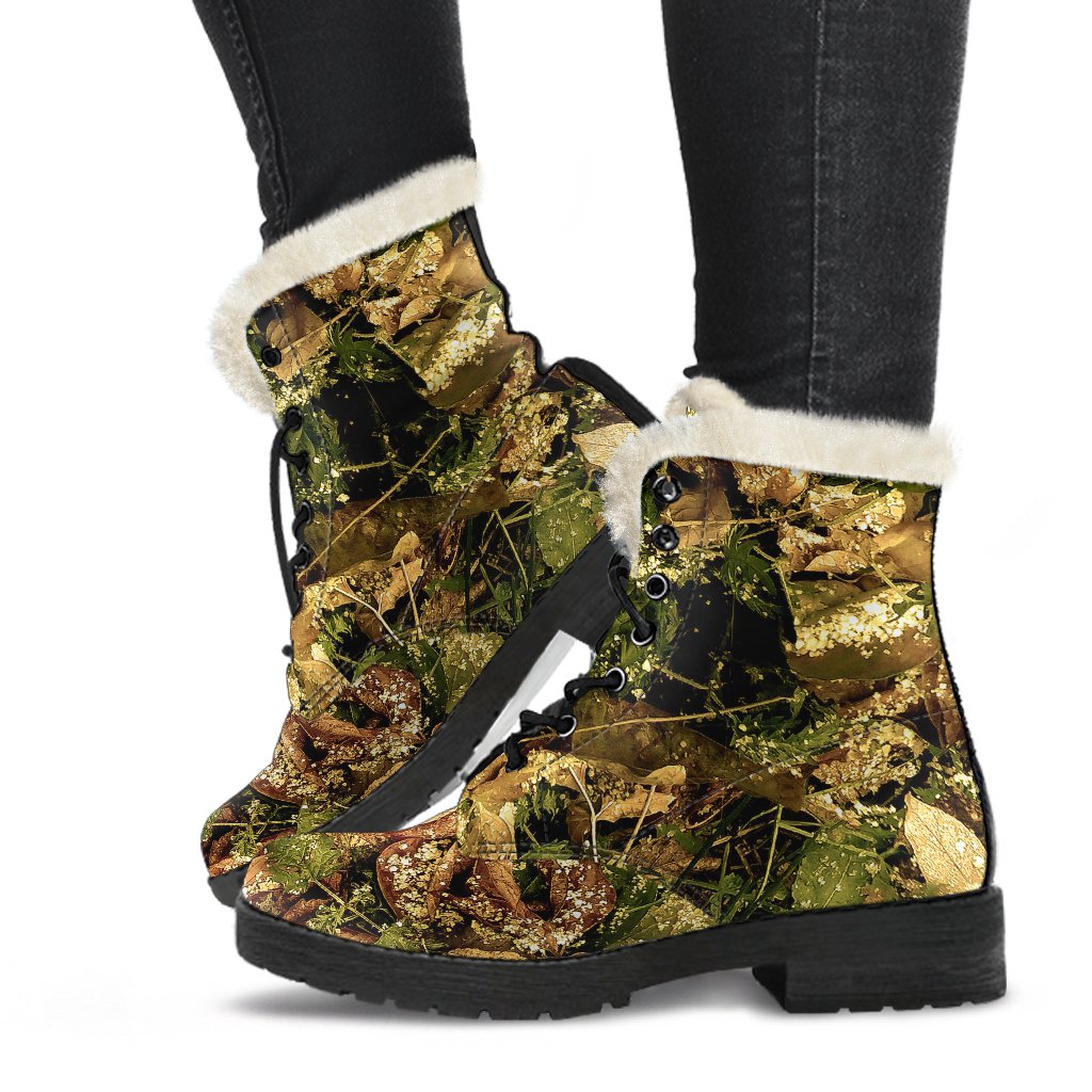 Camo Realistic Tree Forest Texture Print Faux Fur Leather Boots-JTAMIGO.COM