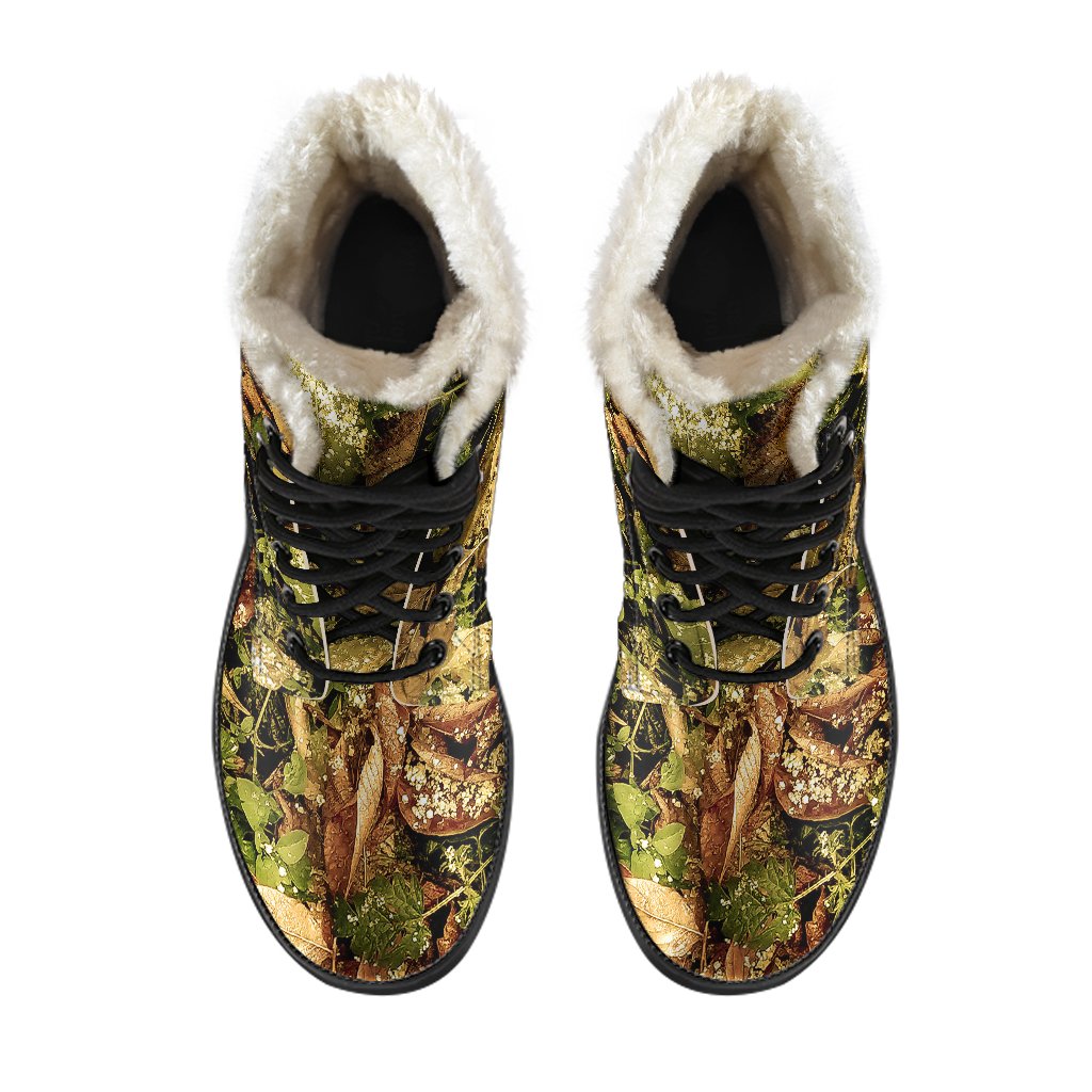 Camo Realistic Tree Forest Texture Print Faux Fur Leather Boots-JTAMIGO.COM