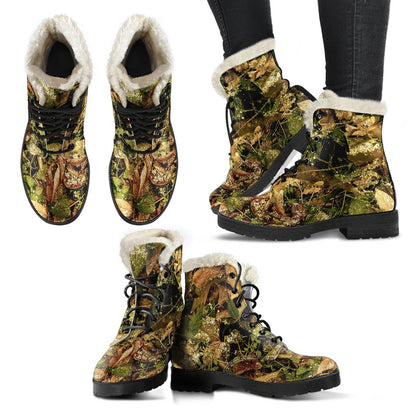Camo Realistic Tree Forest Texture Print Faux Fur Leather Boots-JTAMIGO.COM