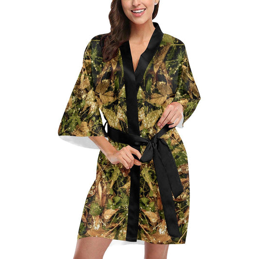 Camo Realistic Tree Forest Texture Print Women Short Kimono Robe