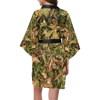 Camo Realistic Tree Forest Texture Print Women Short Kimono Robe