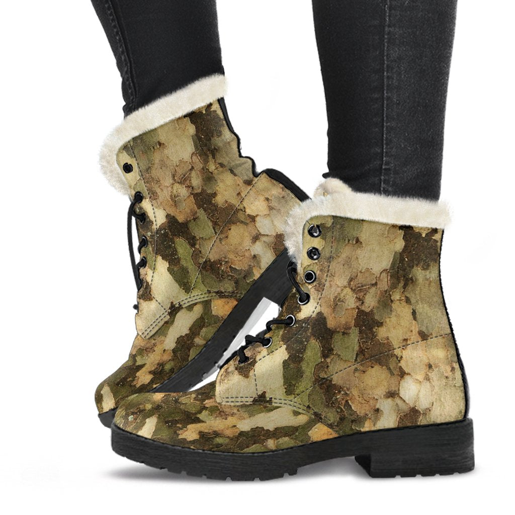 Camo Realistic Tree Texture Print Faux Fur Leather Boots-JTAMIGO.COM