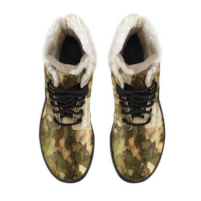 Camo Realistic Tree Texture Print Faux Fur Leather Boots-JTAMIGO.COM