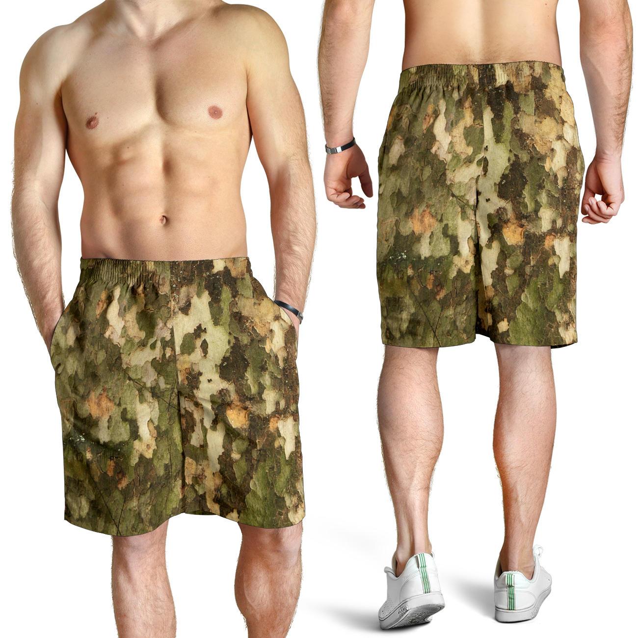 Camo Realistic Tree Texture Print Mens Shorts-JTAMIGO.COM