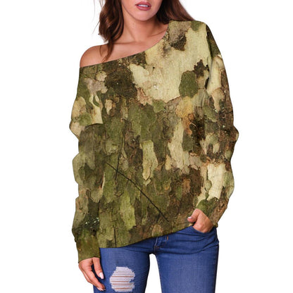Camo Realistic Tree Texture Print Off Shoulder Sweatshirt