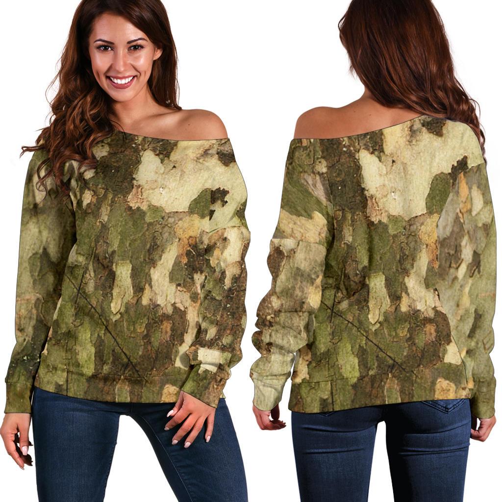 Camo Realistic Tree Texture Print Off Shoulder Sweatshirt