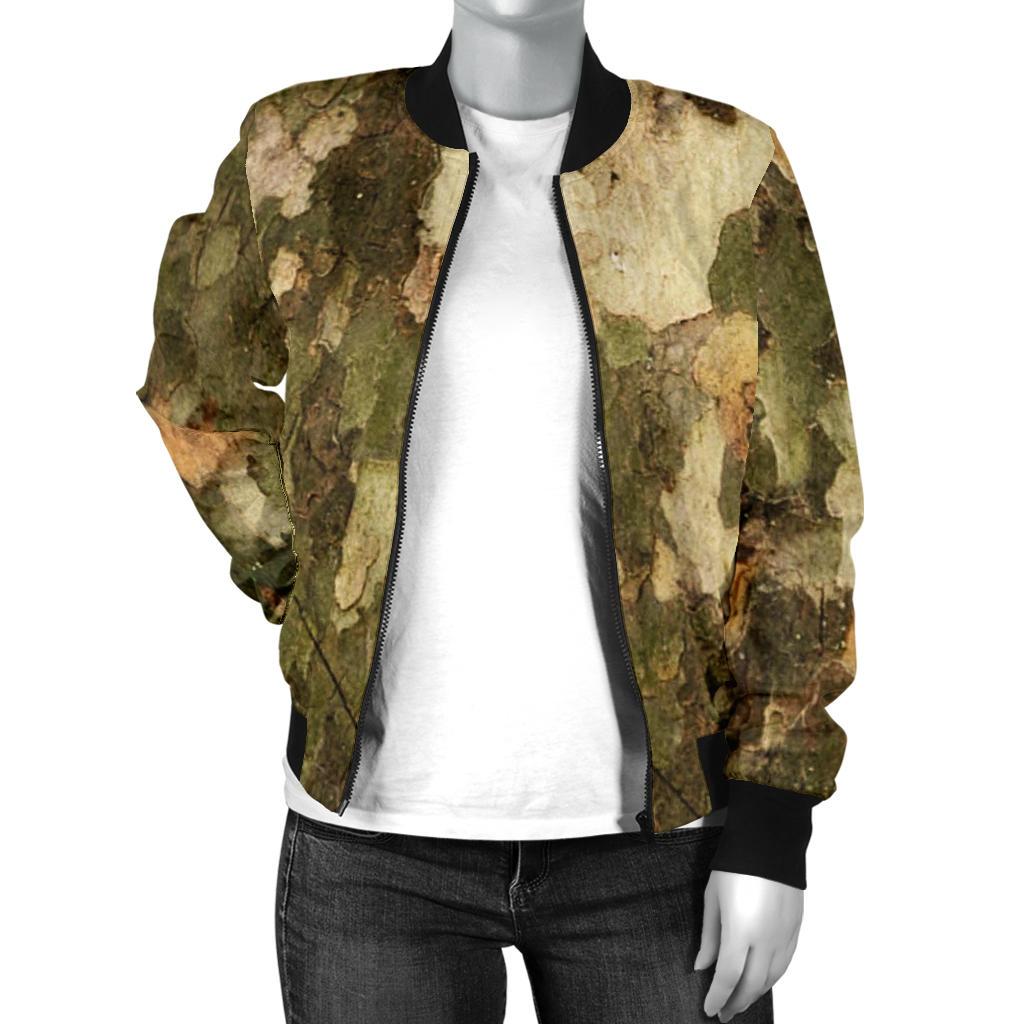 Camo Realistic Tree Texture Print Women Casual Bomber Jacket