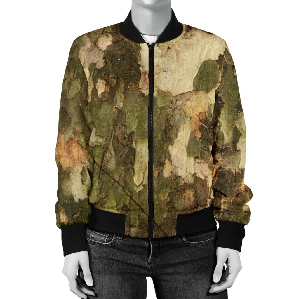 Camo Realistic Tree Texture Print Women Casual Bomber Jacket