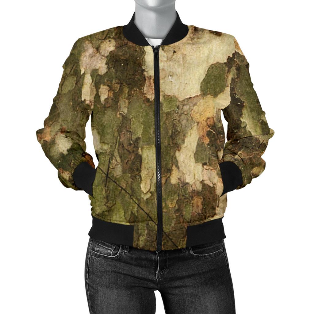 Camo Realistic Tree Texture Print Women Casual Bomber Jacket