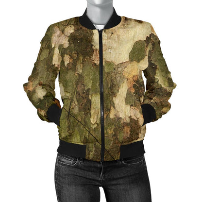 Camo Realistic Tree Texture Print Women Casual Bomber Jacket