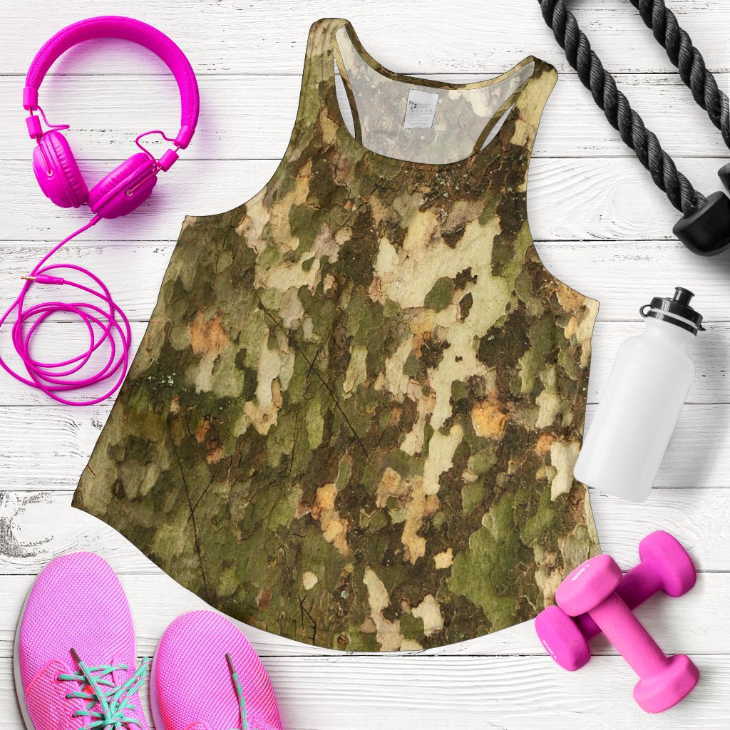 Camo Realistic Tree Texture Print Women Racerback Tank Top