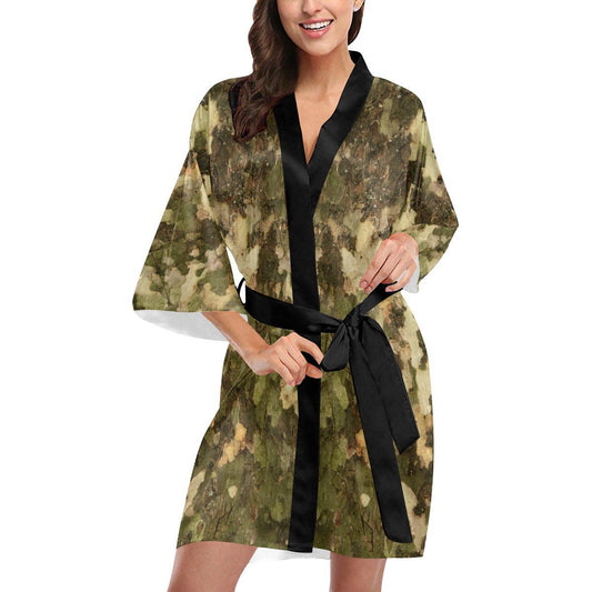 Camo Realistic Tree Texture Print Women Short Kimono Robe