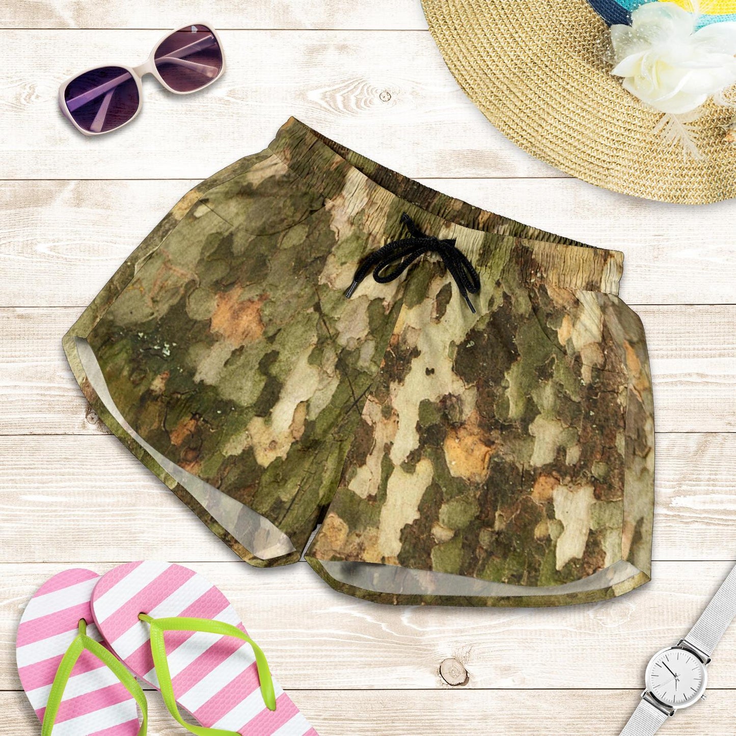 Camo Realistic Tree Texture Print Women Shorts-JTAMIGO.COM