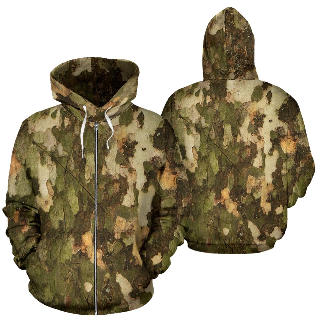Camo Realistic Tree Texture Print Zip Up Hoodie