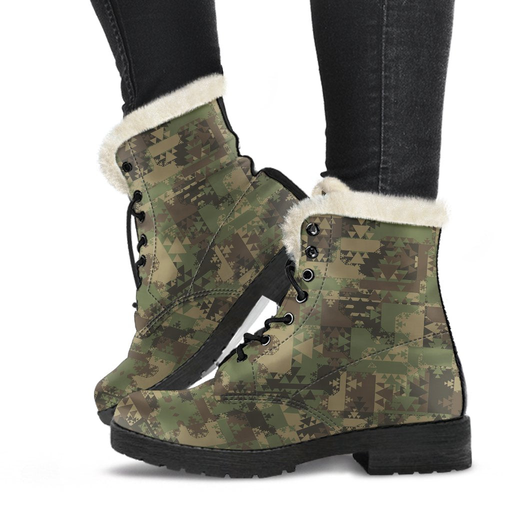 Camouflage Aztec Green Army Print Faux Fur Leather Boots-JTAMIGO.COM