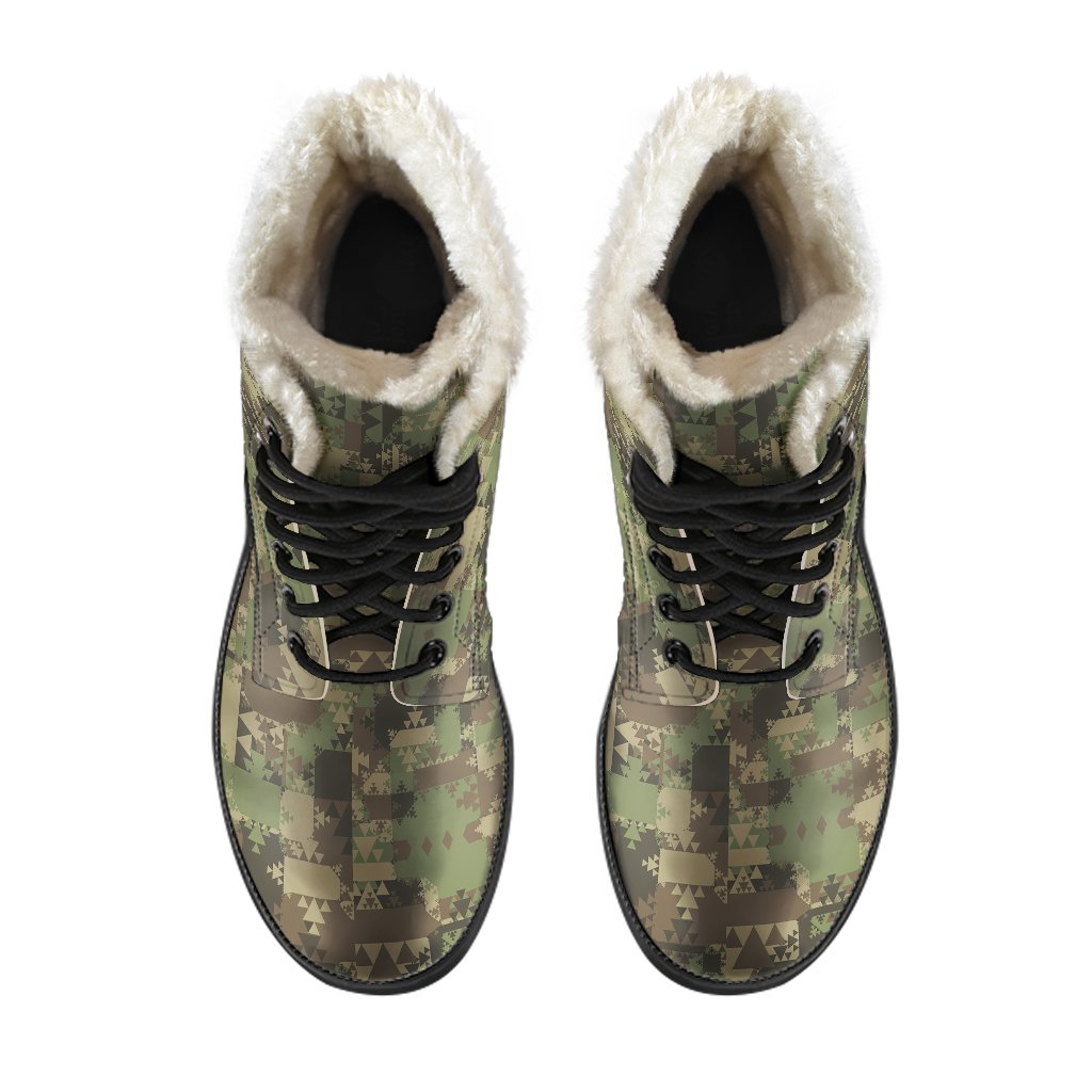 Camouflage Aztec Green Army Print Faux Fur Leather Boots-JTAMIGO.COM