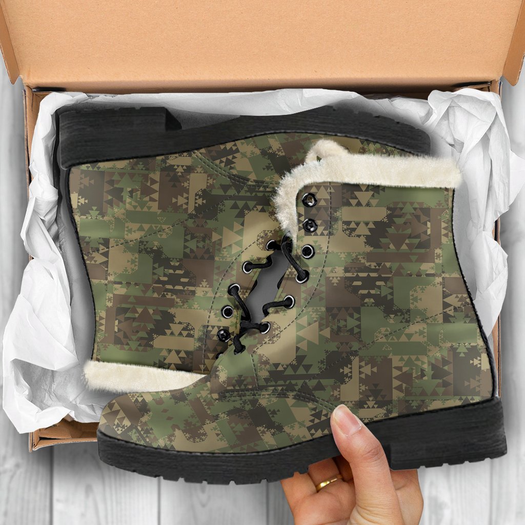 Camouflage Aztec Green Army Print Faux Fur Leather Boots-JTAMIGO.COM