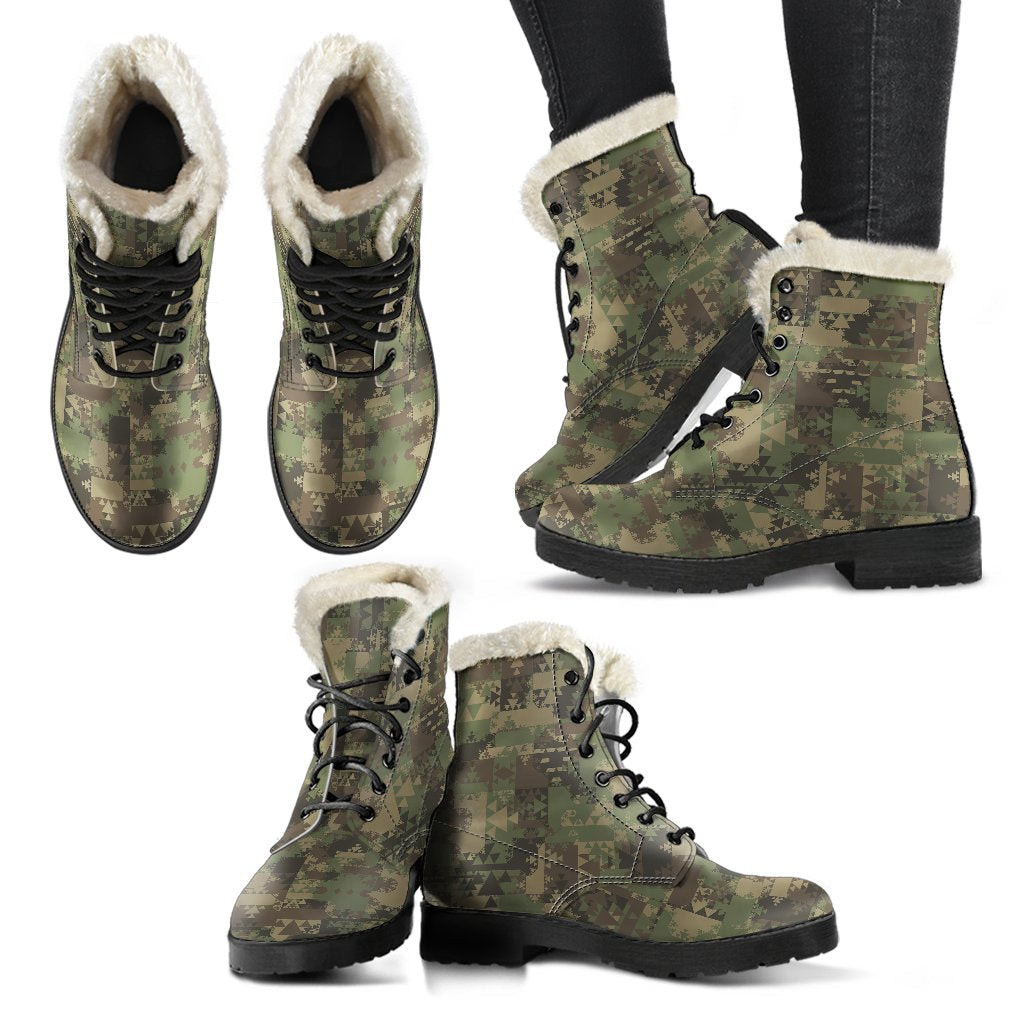Camouflage Aztec Green Army Print Faux Fur Leather Boots-JTAMIGO.COM