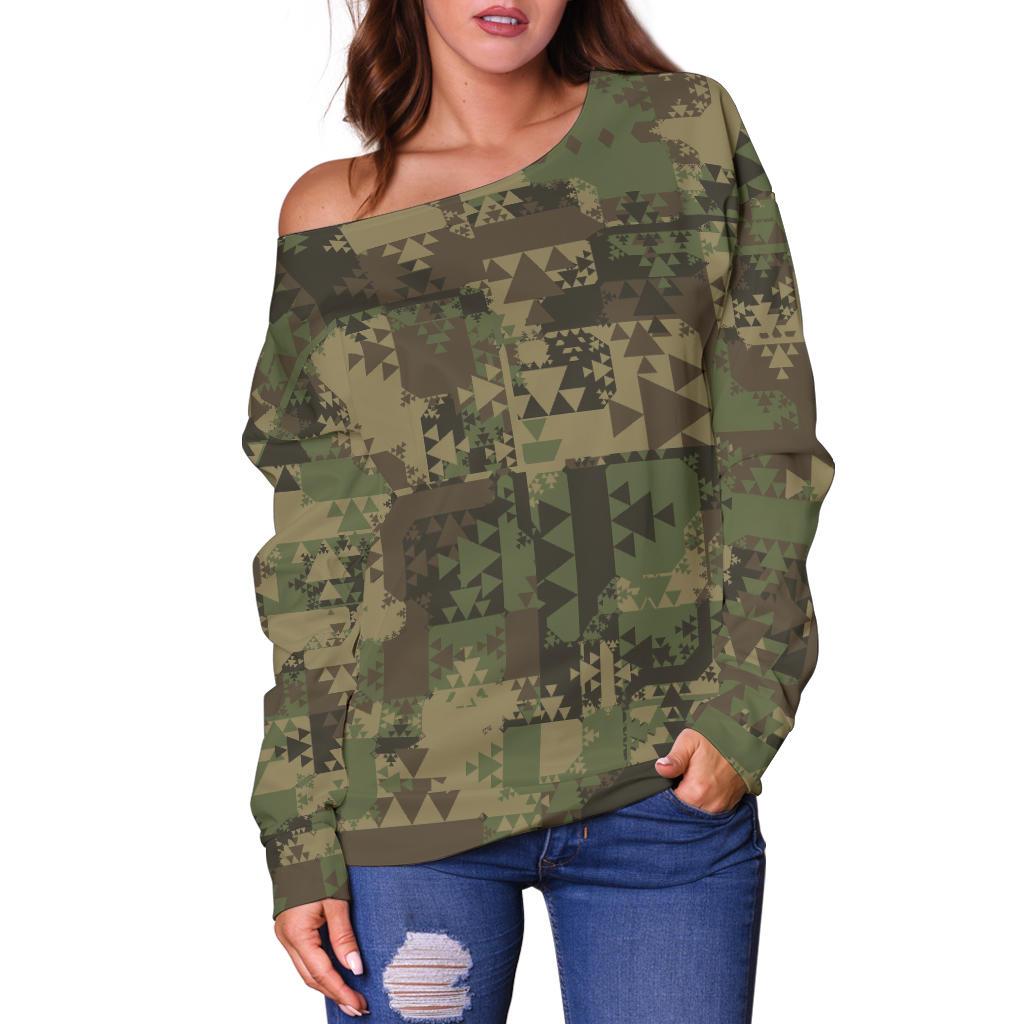 Camouflage Aztec Green Army Print Off Shoulder Sweatshirt