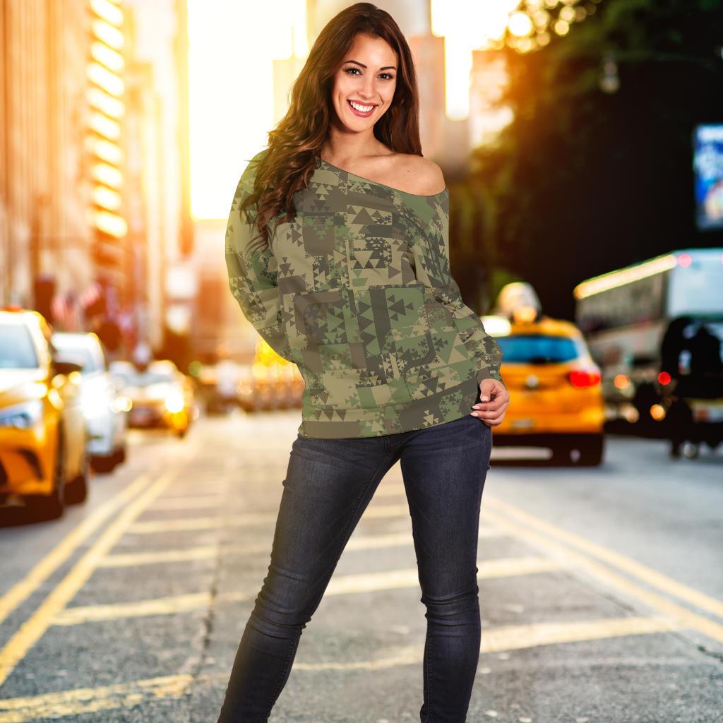 Camouflage Aztec Green Army Print Off Shoulder Sweatshirt