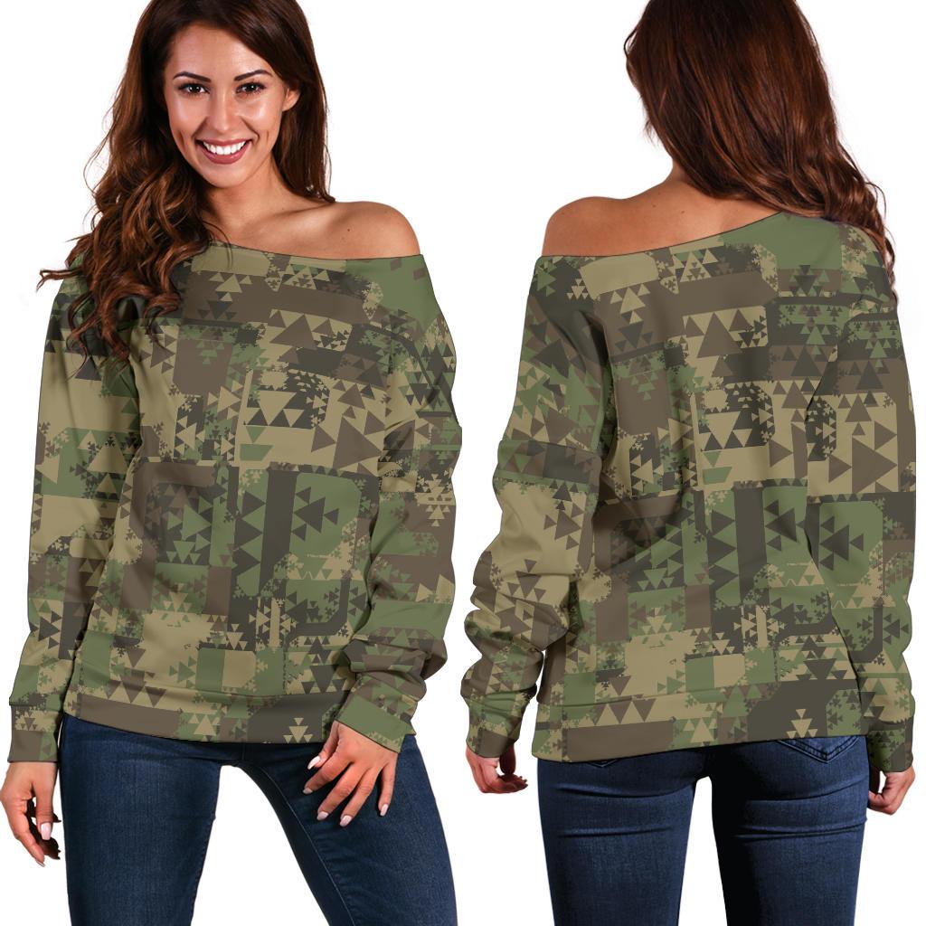 Camouflage Aztec Green Army Print Off Shoulder Sweatshirt