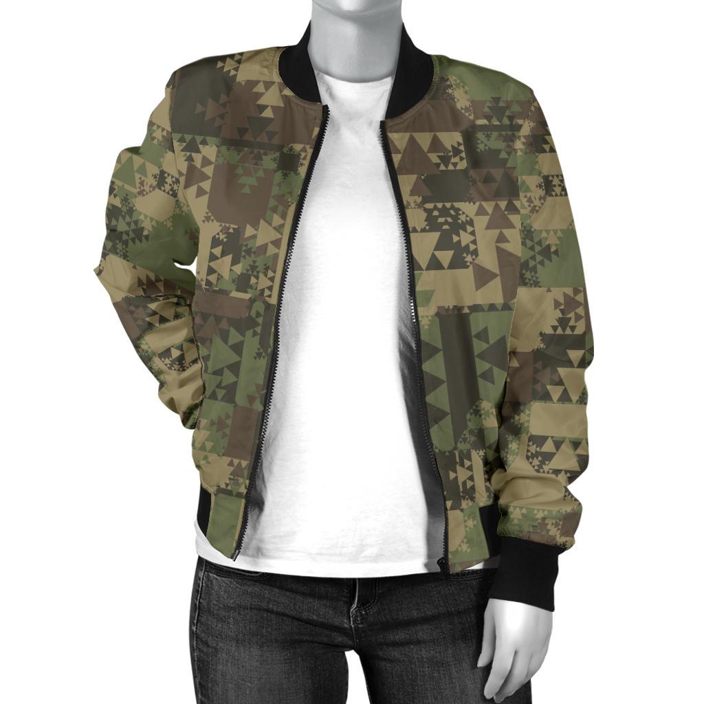 Camouflage Aztec Green Army Print Women Casual Bomber Jacket