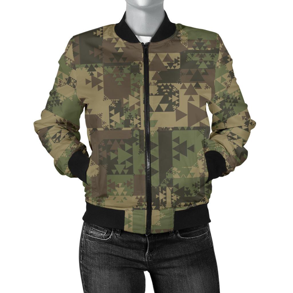 Camouflage Aztec Green Army Print Women Casual Bomber Jacket