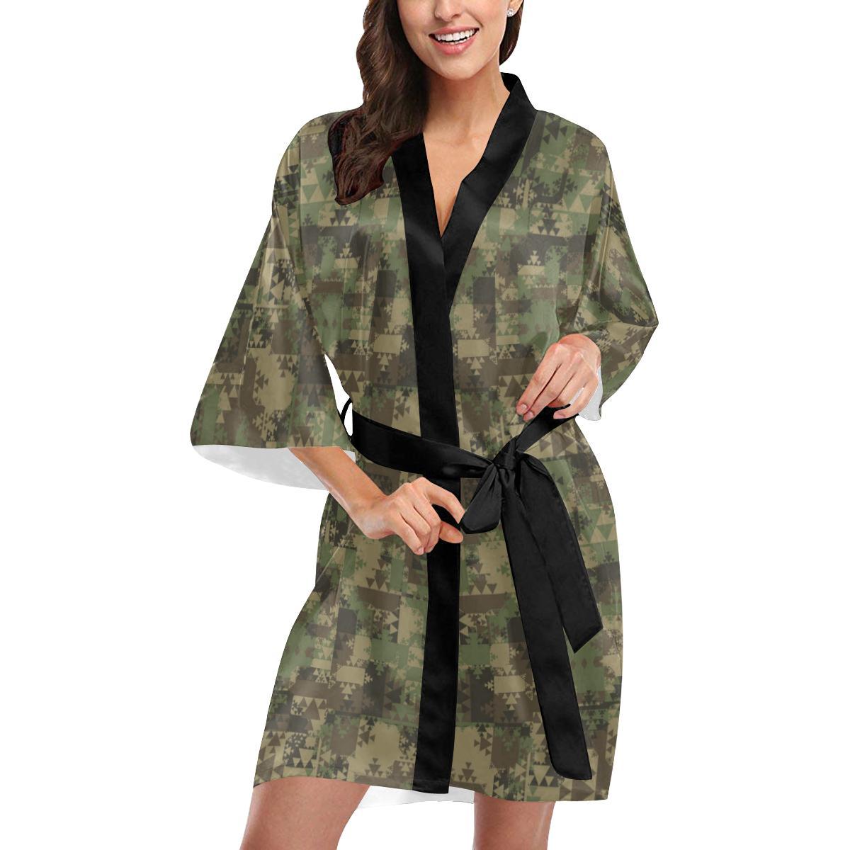 Camouflage Aztec Green Army Print Women Short Kimono Robe