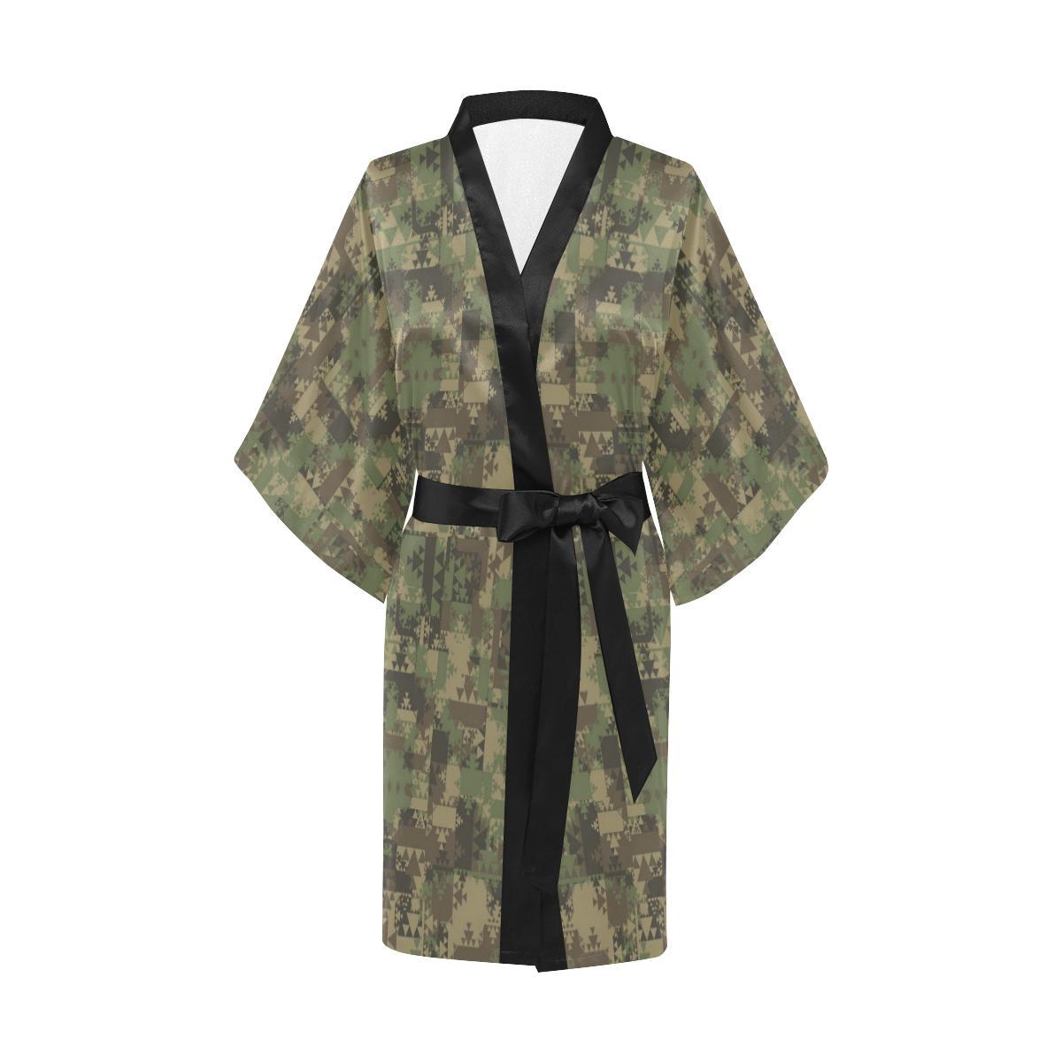 Camouflage Aztec Green Army Print Women Short Kimono Robe