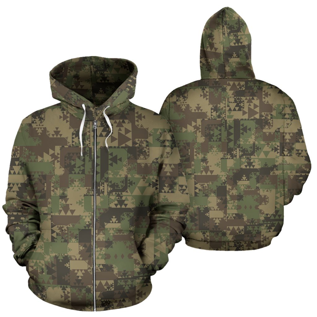 Camouflage Aztec Green Army Print Zip Up Hoodie