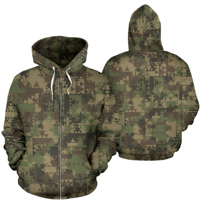 Camouflage Aztec Green Army Print Zip Up Hoodie