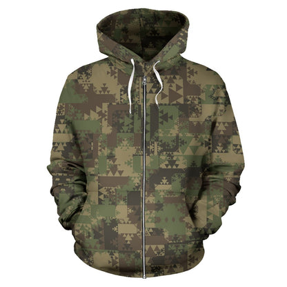 Camouflage Aztec Green Army Print Zip Up Hoodie