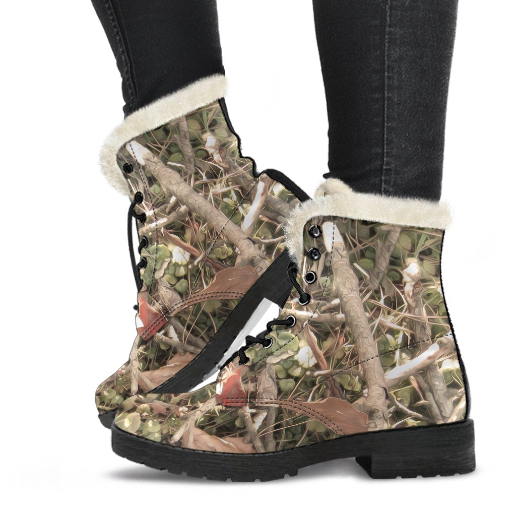 Camouflage Realistic Tree Authumn Print Faux Fur Leather Boots-JTAMIGO.COM