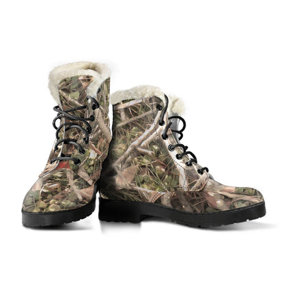 Camouflage Realistic Tree Authumn Print Faux Fur Leather Boots-JTAMIGO.COM