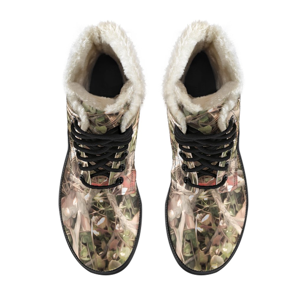 Camouflage Realistic Tree Authumn Print Faux Fur Leather Boots-JTAMIGO.COM
