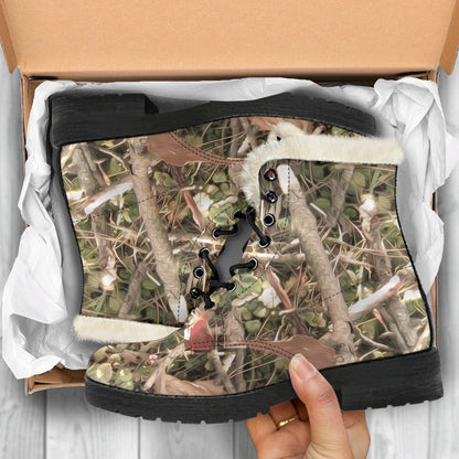 Camouflage Realistic Tree Authumn Print Faux Fur Leather Boots-JTAMIGO.COM