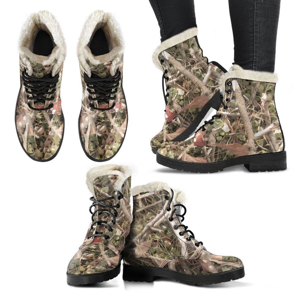 Camouflage Realistic Tree Authumn Print Faux Fur Leather Boots-JTAMIGO.COM