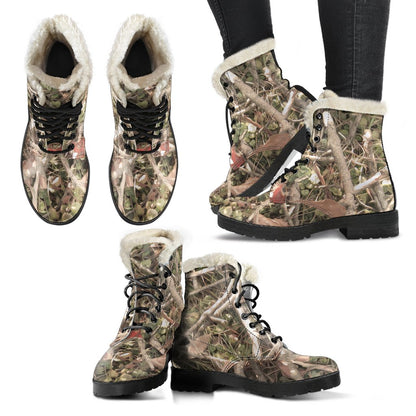 Camouflage Realistic Tree Authumn Print Faux Fur Leather Boots-JTAMIGO.COM