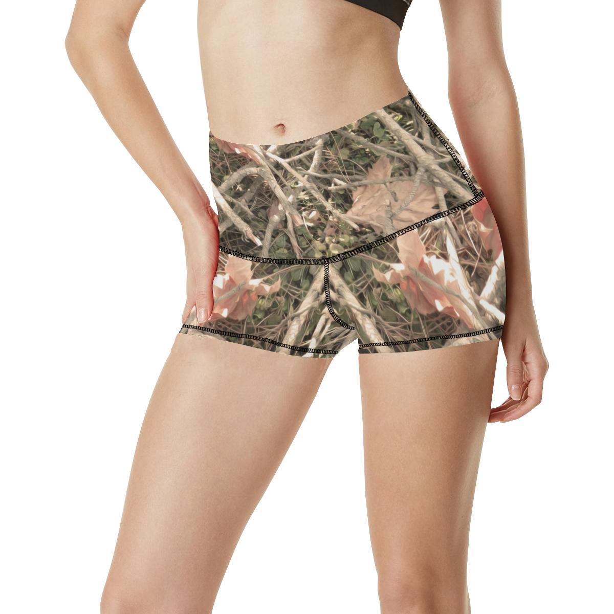 Camouflage Realistic Tree Authumn Print High Waisted Spandex Shorts-JTAMIGO.COM