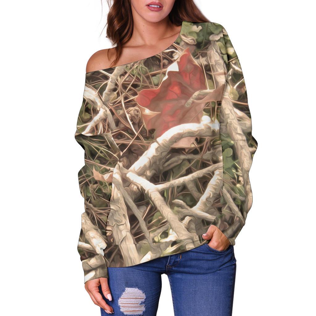 Camouflage Realistic Tree Authumn Print Off Shoulder Sweatshirt